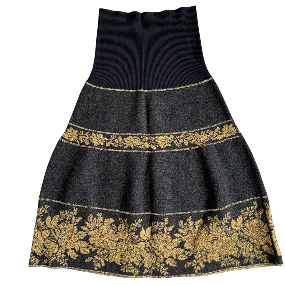 Kenzo Midi Knit Wool Skirt Tiered Size M Gray Yellow Floral High Waist Elegant